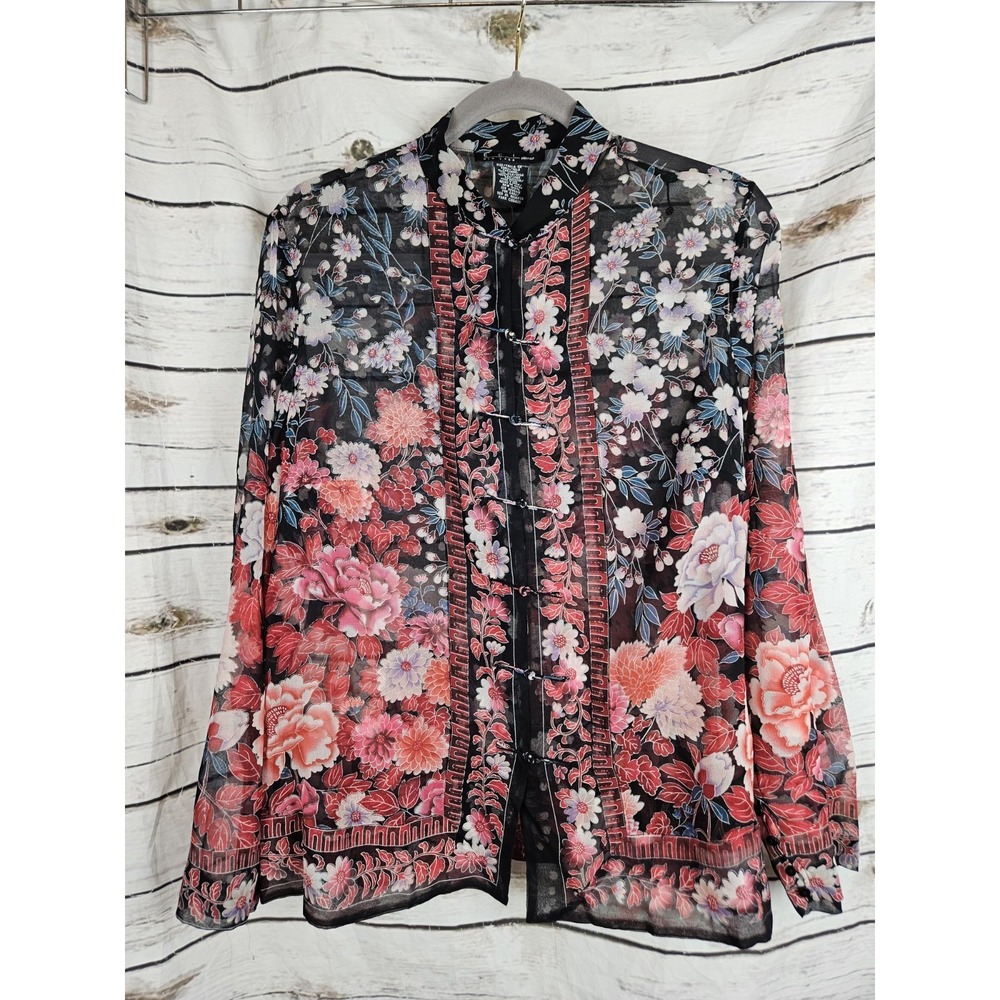 ECI New York Sheer Asian Floral Kimono Top 1X 100% Silk Frog Knot Buttons NEW